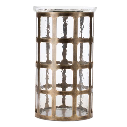 12.5" Wavy Glass Candle Holder with Distressed Metal Frame